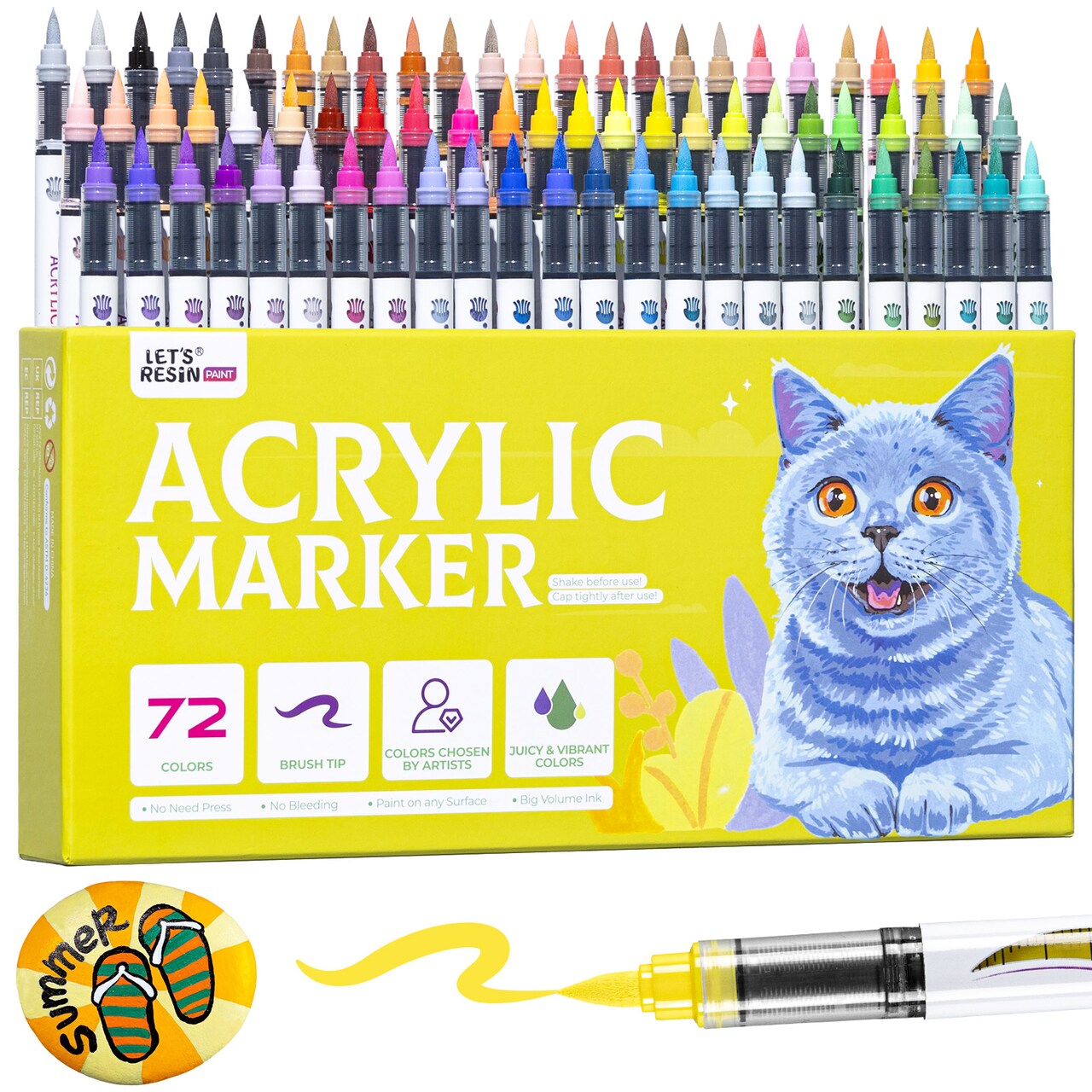 LET'S RESIN PAINT Acrylic Paint Markers Brush Tip 72 Colors,Automatic Ink Control Acrylic Paint Pens,No Bleed & Good Coverage Acrylic Markers for Coloring Books,Rock Painting,Canvas,Ceramic,Wood